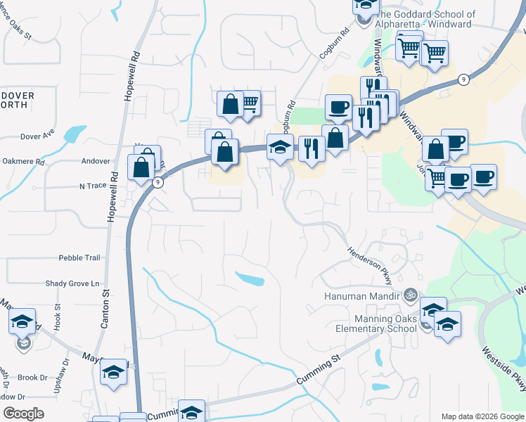 map of restaurants, bars, coffee shops, grocery stores, and more near 207 Water Oak Place in Alpharetta