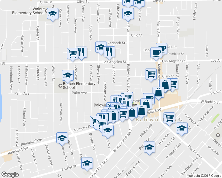 map of restaurants, bars, coffee shops, grocery stores, and more near 4213 La Rica Avenue in Baldwin Park