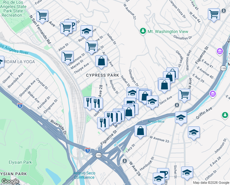 map of restaurants, bars, coffee shops, grocery stores, and more near 612 Romulo Street in Los Angeles