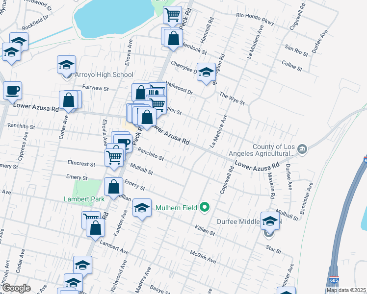 map of restaurants, bars, coffee shops, grocery stores, and more near 11758 Lower Azusa Road in El Monte