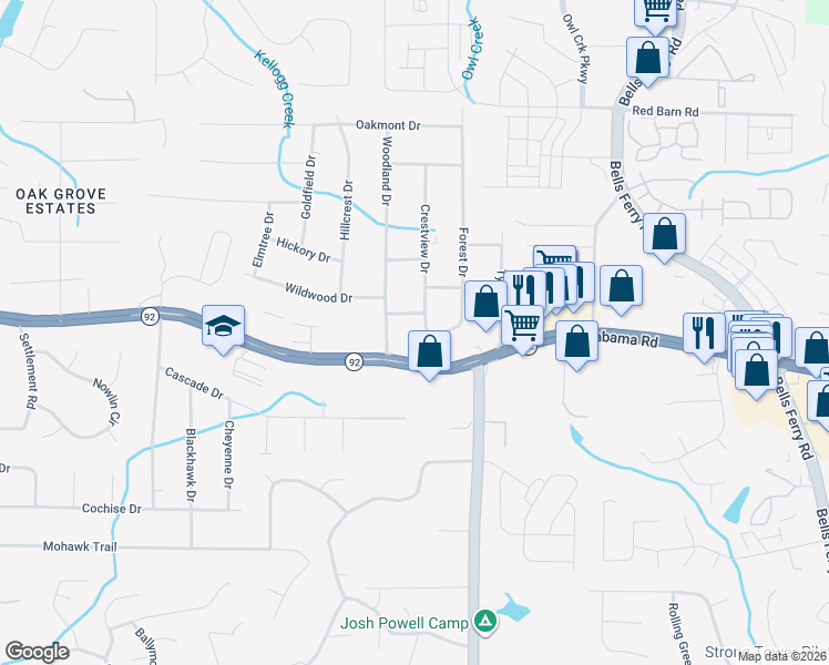 map of restaurants, bars, coffee shops, grocery stores, and more near 5545 Crestview Drive in Acworth