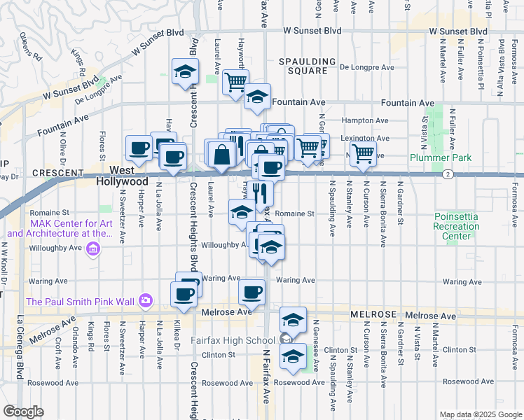 map of restaurants, bars, coffee shops, grocery stores, and more near 1001 North Fairfax Avenue in West Hollywood