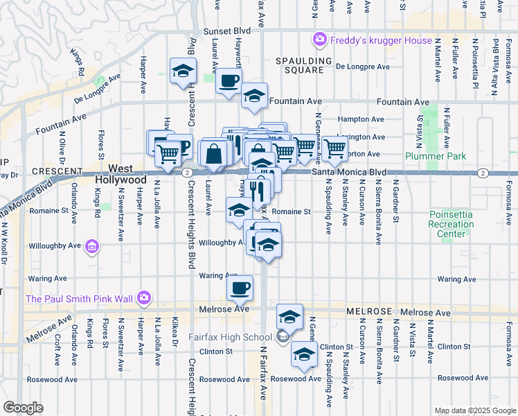 map of restaurants, bars, coffee shops, grocery stores, and more near 1001 North Fairfax Avenue in West Hollywood