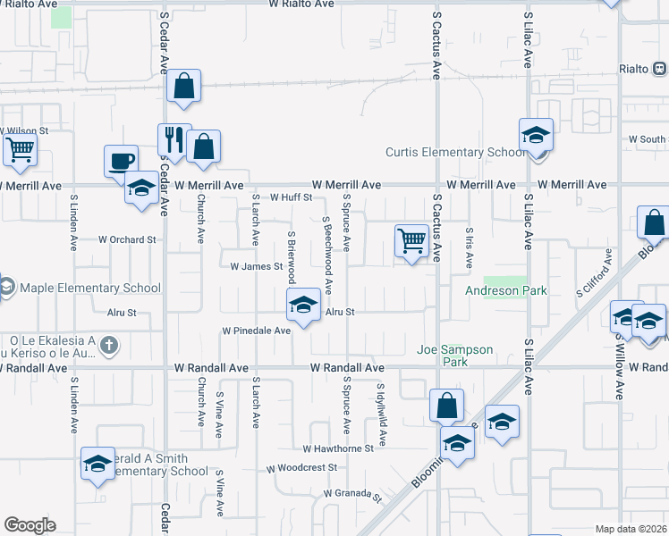 map of restaurants, bars, coffee shops, grocery stores, and more near 675 South Beechwood Avenue in Rialto