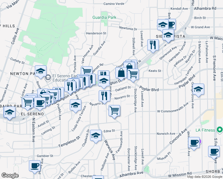 map of restaurants, bars, coffee shops, grocery stores, and more near 5303 Oakland Street in Los Angeles