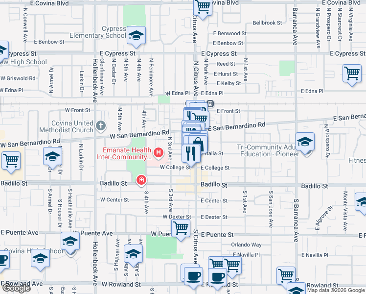 map of restaurants, bars, coffee shops, grocery stores, and more near 136 West Orange Street in Covina