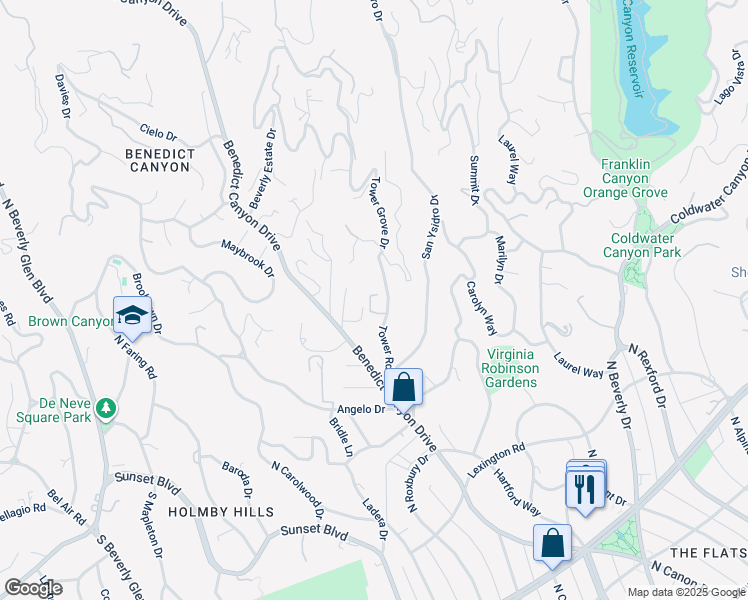 map of restaurants, bars, coffee shops, grocery stores, and more near 1129 Tower Road in Beverly Hills