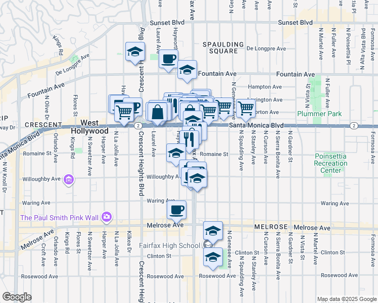 map of restaurants, bars, coffee shops, grocery stores, and more near 1001 North Fairfax Avenue in West Hollywood