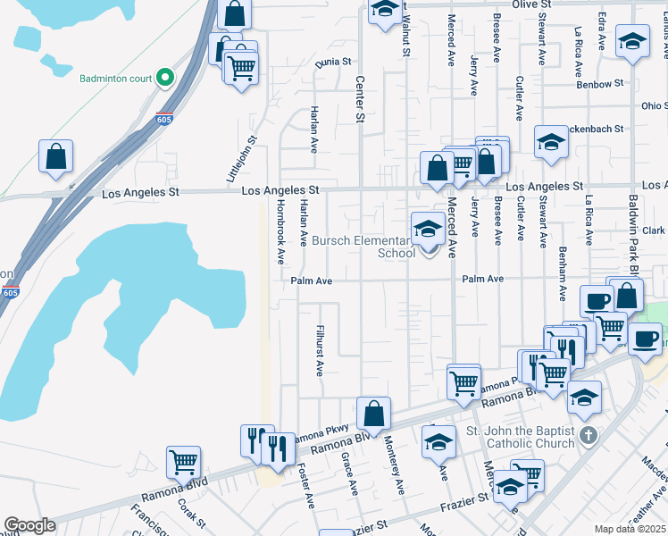 map of restaurants, bars, coffee shops, grocery stores, and more near 4220 Filhurst Ave in Baldwin Park