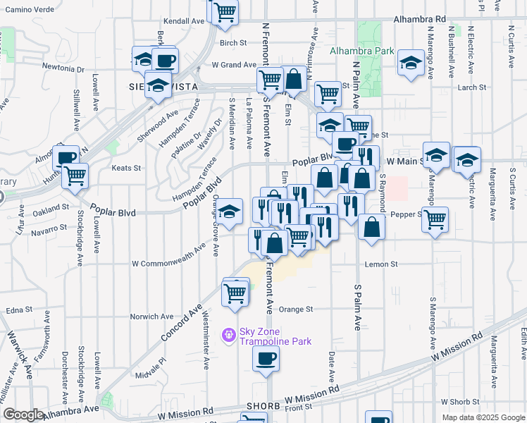 map of restaurants, bars, coffee shops, grocery stores, and more near 433 Fremont Avenue in Alhambra