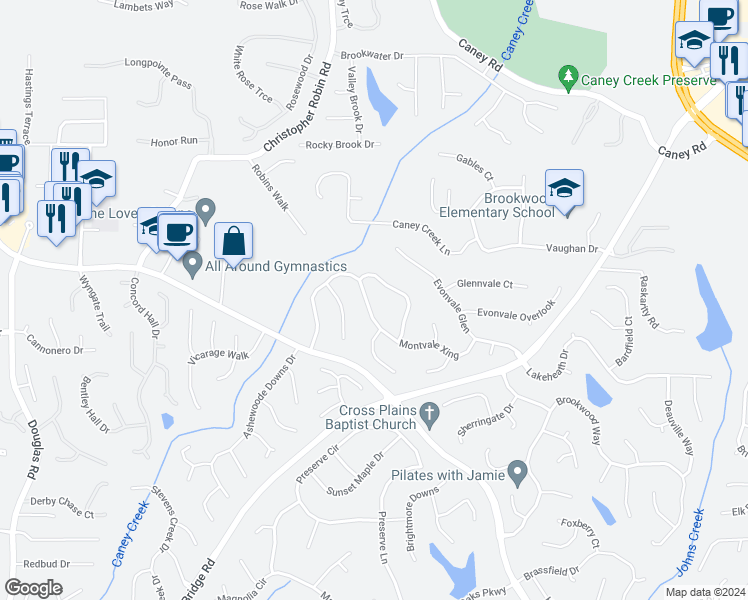 map of restaurants, bars, coffee shops, grocery stores, and more near 3850 Montvale Crossing in Cumming