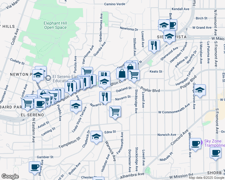 map of restaurants, bars, coffee shops, grocery stores, and more near 5303 Oakland Street in Los Angeles