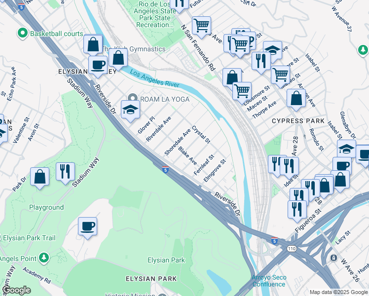 map of restaurants, bars, coffee shops, grocery stores, and more near 2307 Harwood Street in Los Angeles
