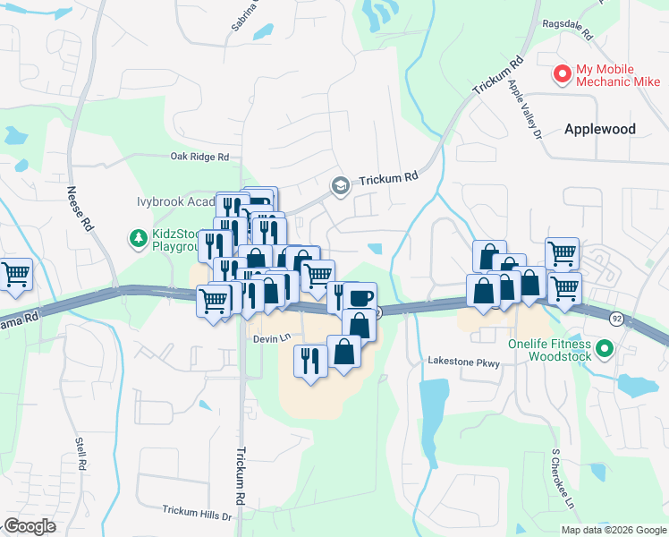 map of restaurants, bars, coffee shops, grocery stores, and more near 334 Acuba View in Woodstock