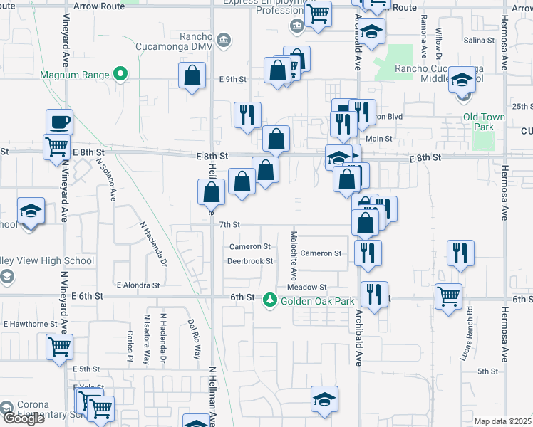 map of restaurants, bars, coffee shops, grocery stores, and more near 9400 7th Street in Rancho Cucamonga