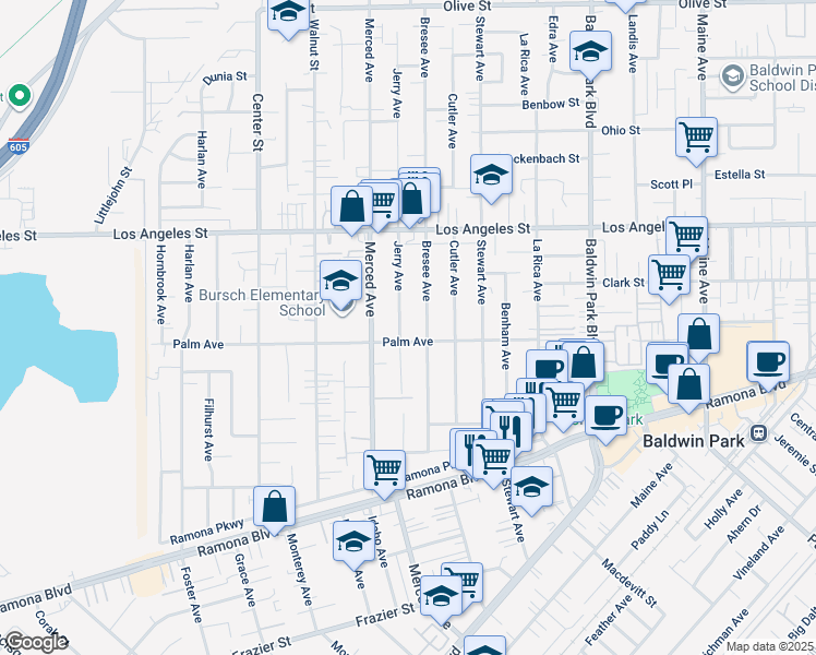 map of restaurants, bars, coffee shops, grocery stores, and more near 4214 Jerry Avenue in Baldwin Park