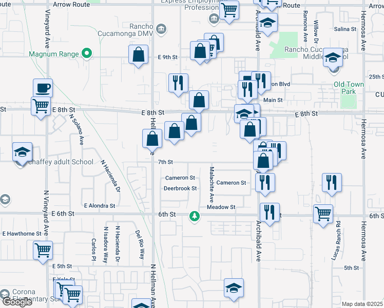map of restaurants, bars, coffee shops, grocery stores, and more near 9400 7th Street in Rancho Cucamonga