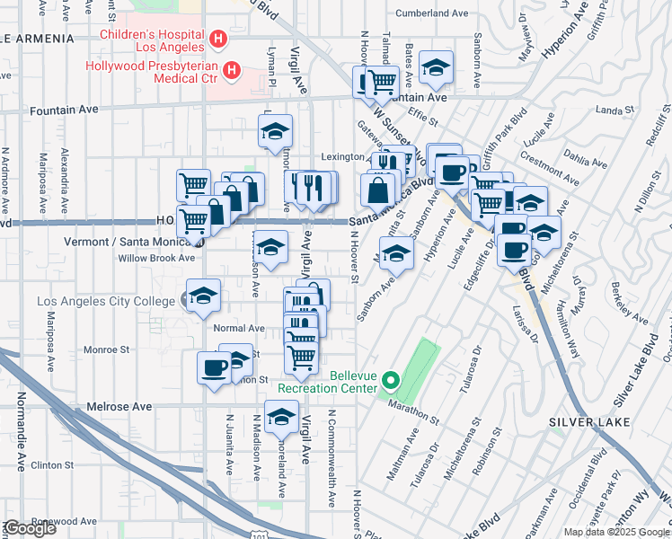 map of restaurants, bars, coffee shops, grocery stores, and more near 4227 1/4 Lockwood Avenue in Los Angeles