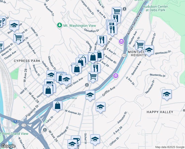 map of restaurants, bars, coffee shops, grocery stores, and more near 3643 Marmion Way in Los Angeles