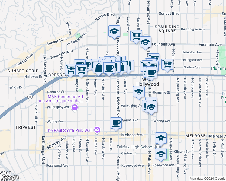 map of restaurants, bars, coffee shops, grocery stores, and more near 1006 Havenhurst Drive in West Hollywood