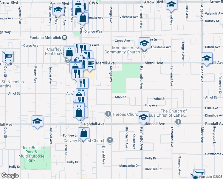 map of restaurants, bars, coffee shops, grocery stores, and more near Mango Avenue in Fontana