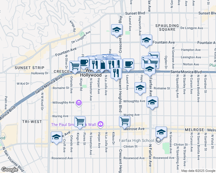 map of restaurants, bars, coffee shops, grocery stores, and more near 1004 North La Jolla Avenue in West Hollywood
