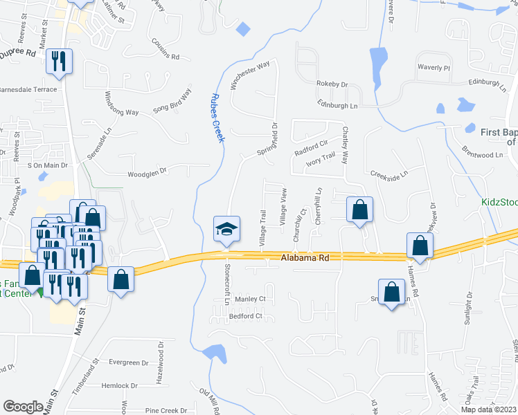 map of restaurants, bars, coffee shops, grocery stores, and more near 145 Village Trail in Woodstock