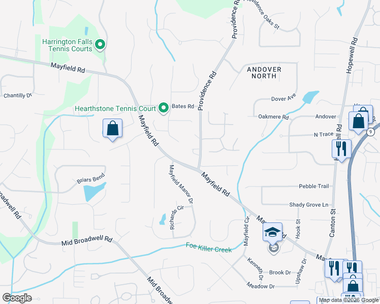 map of restaurants, bars, coffee shops, grocery stores, and more near 12610 Providence Road in Alpharetta