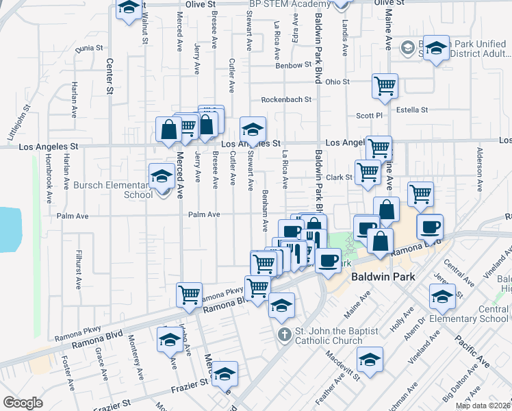 map of restaurants, bars, coffee shops, grocery stores, and more near 4212 Stewart Avenue in Baldwin Park