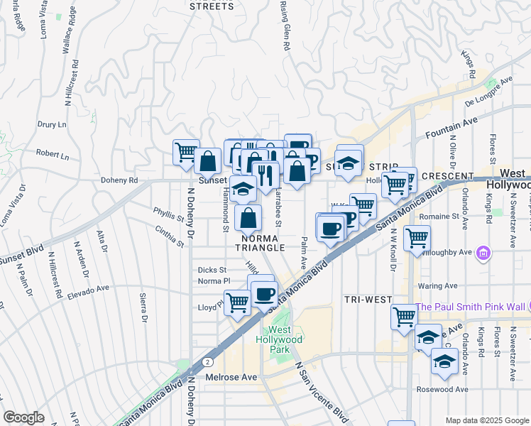 map of restaurants, bars, coffee shops, grocery stores, and more near 960 North San Vicente Boulevard in West Hollywood