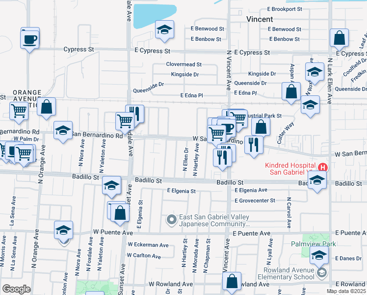 map of restaurants, bars, coffee shops, grocery stores, and more near 4133 North Ellen Drive in Covina