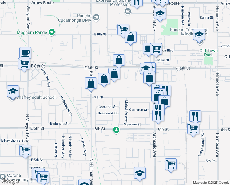 map of restaurants, bars, coffee shops, grocery stores, and more near 9400 7th Street in Rancho Cucamonga