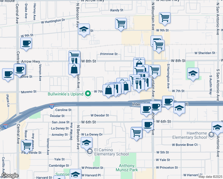 map of restaurants, bars, coffee shops, grocery stores, and more near 1439 West 7th Street in Upland