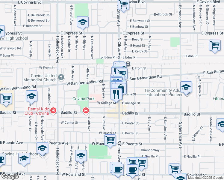 map of restaurants, bars, coffee shops, grocery stores, and more near 126 West Orange Street in Covina