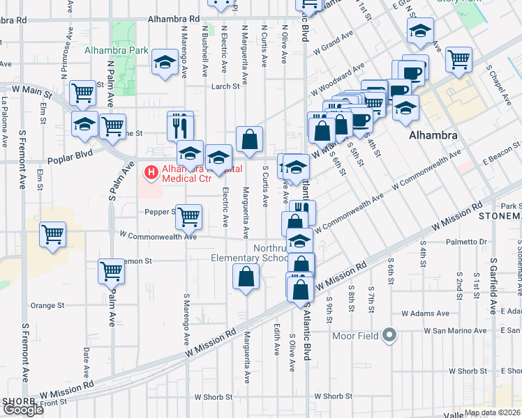 map of restaurants, bars, coffee shops, grocery stores, and more near 204 South Curtis Avenue in Alhambra