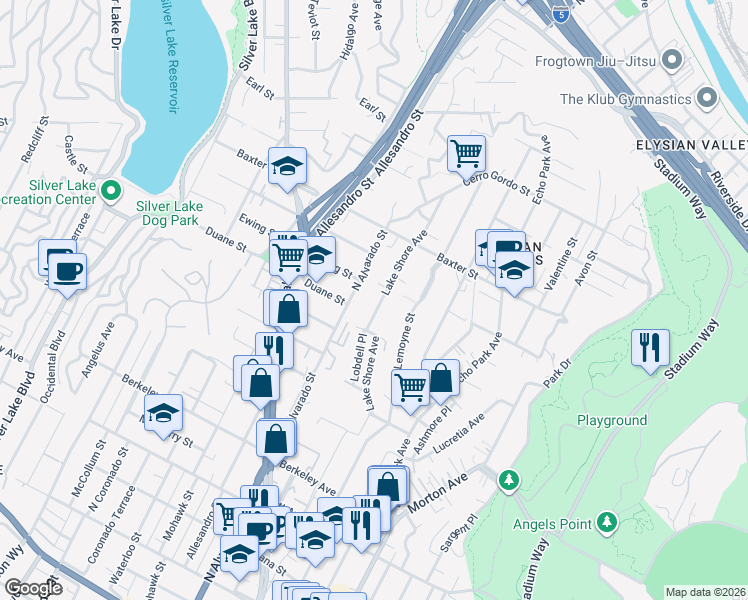 map of restaurants, bars, coffee shops, grocery stores, and more near 1939 Lake Shore Avenue in Los Angeles