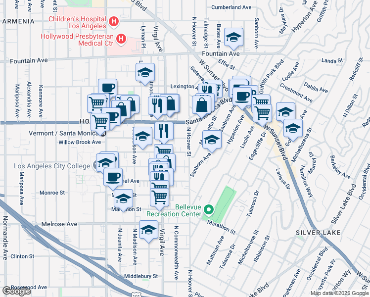map of restaurants, bars, coffee shops, grocery stores, and more near 4227 1/4 Lockwood Avenue in Los Angeles