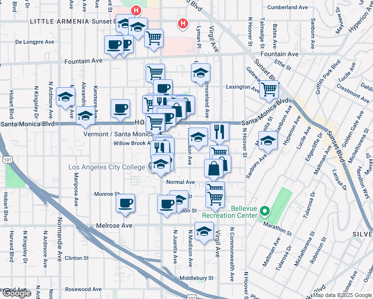 map of restaurants, bars, coffee shops, grocery stores, and more near 4421 Lockwood Avenue in Los Angeles