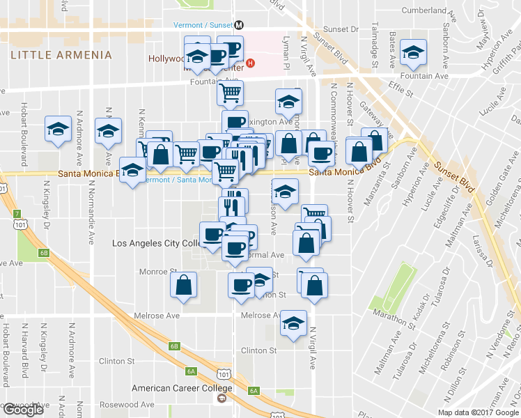 map of restaurants, bars, coffee shops, grocery stores, and more near 4421 Lockwood Avenue in Los Angeles