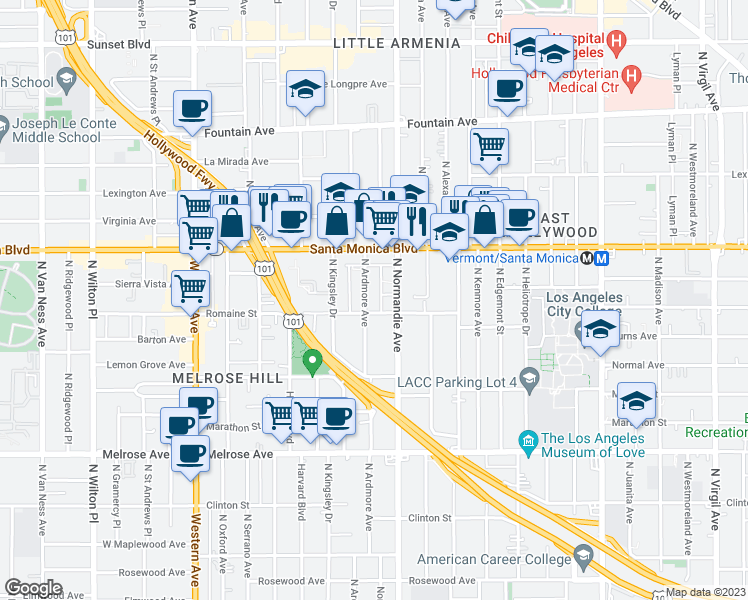 map of restaurants, bars, coffee shops, grocery stores, and more near 1011 North Ardmore Avenue in Los Angeles