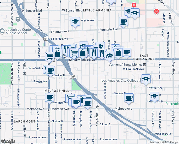 map of restaurants, bars, coffee shops, grocery stores, and more near 1011 North Ardmore Avenue in Los Angeles