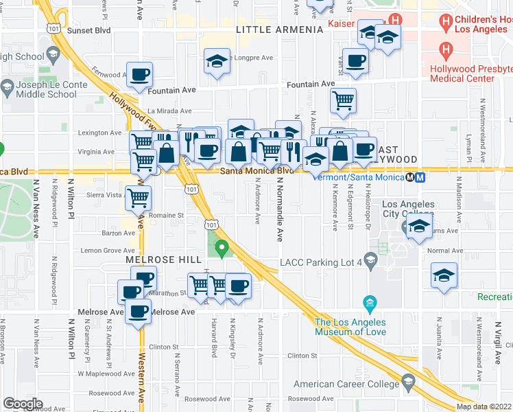 map of restaurants, bars, coffee shops, grocery stores, and more near 1011 North Ardmore Avenue in Los Angeles