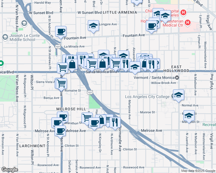 map of restaurants, bars, coffee shops, grocery stores, and more near 1011 North Ardmore Avenue in Los Angeles