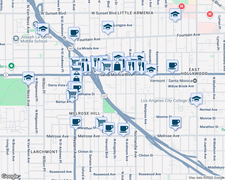 map of restaurants, bars, coffee shops, grocery stores, and more near 5151 Romaine Street in Los Angeles