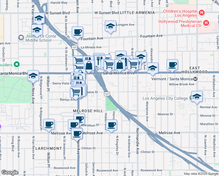map of restaurants, bars, coffee shops, grocery stores, and more near 395 California 2 in Santa Monica