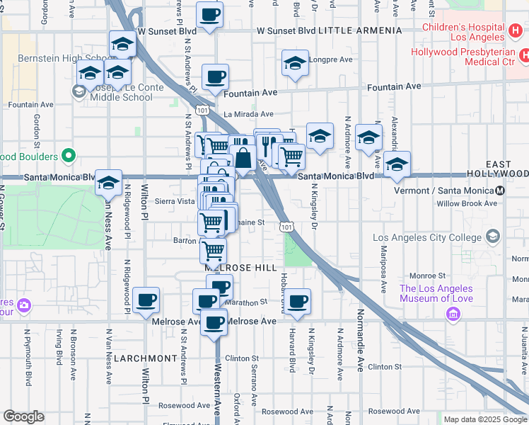 map of restaurants, bars, coffee shops, grocery stores, and more near 1013 North Serrano Avenue in Los Angeles
