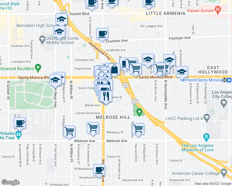 map of restaurants, bars, coffee shops, grocery stores, and more near 1015 North Oxford Avenue in Los Angeles