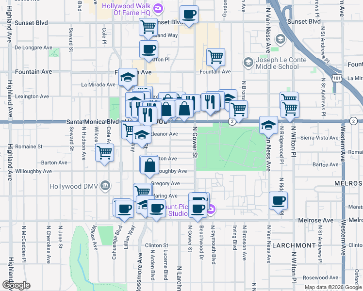 map of restaurants, bars, coffee shops, grocery stores, and more near 6023 Romaine Street in Los Angeles