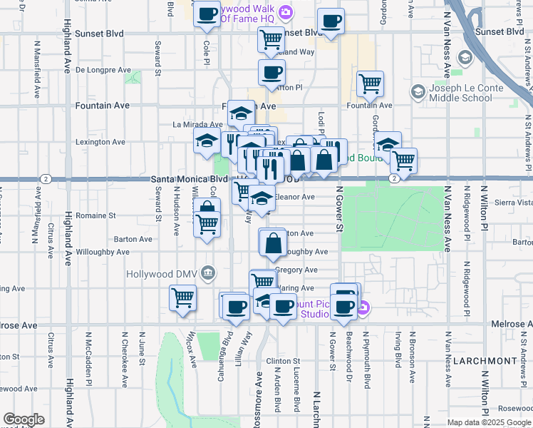 map of restaurants, bars, coffee shops, grocery stores, and more near 6143 Romaine Street in Los Angeles