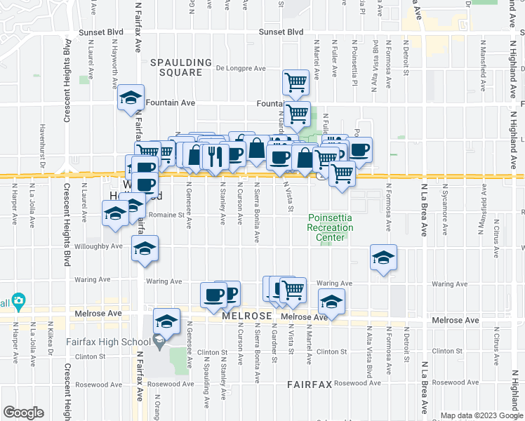 map of restaurants, bars, coffee shops, grocery stores, and more near 1007 North Sierra Bonita Avenue in West Hollywood